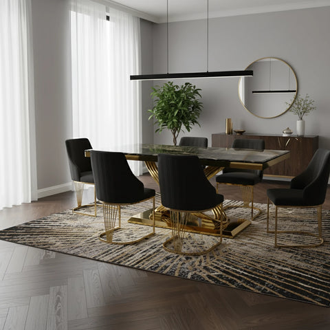 Madrid Black Marble and Gold Dining Table with Ottavia Black Velvet Dining Chairs - Pendle Village Furniture
