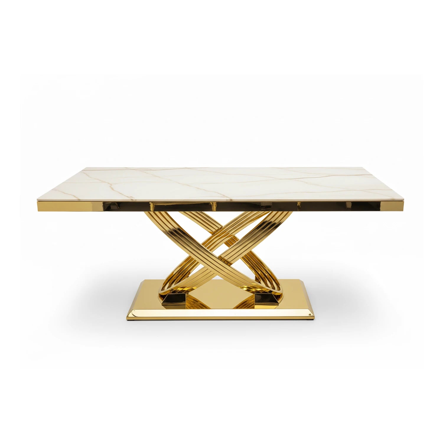 Decorative dining table with marble top and gold base on a white background