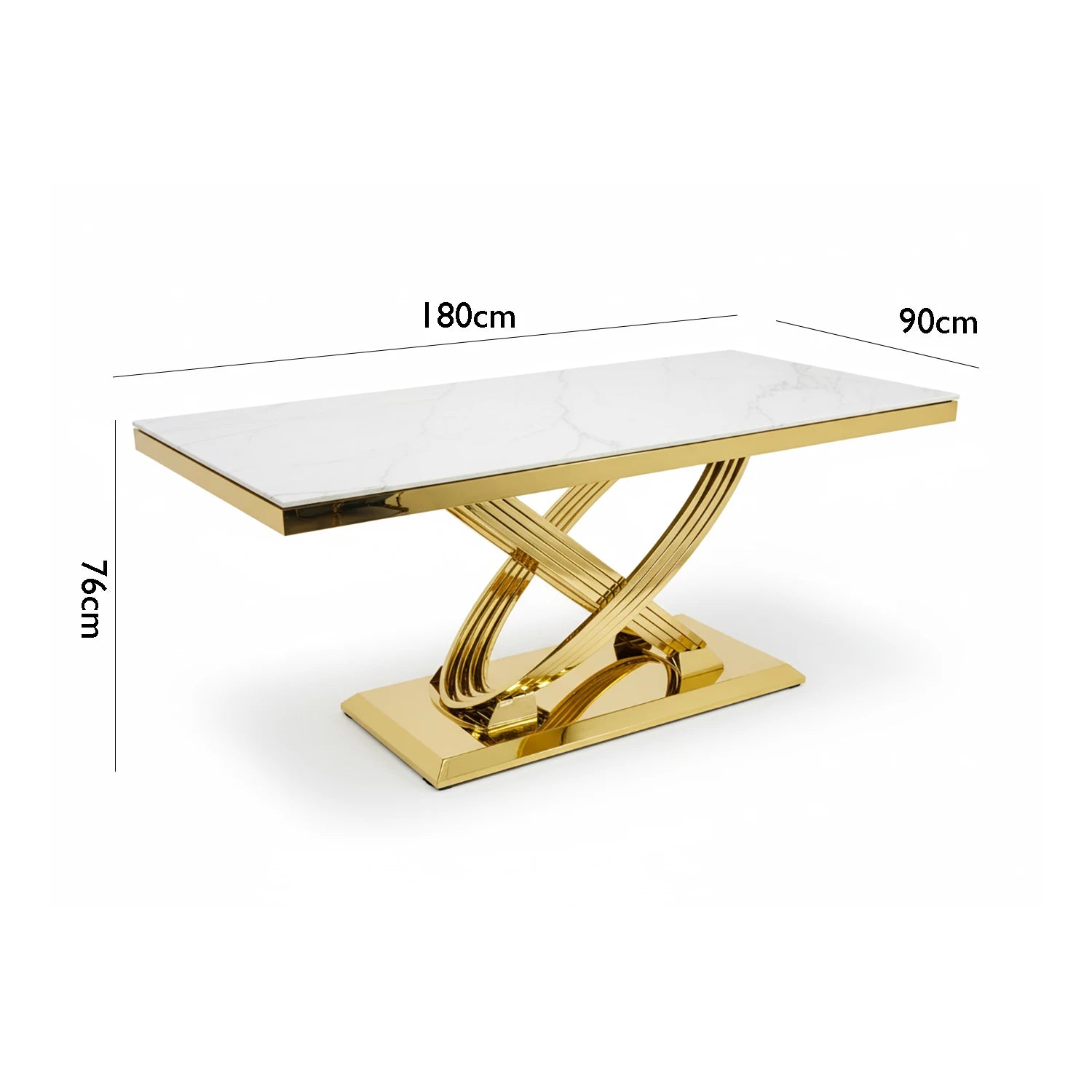 Dining table with gold base and cream marble top, shown with dimensions on a white background.