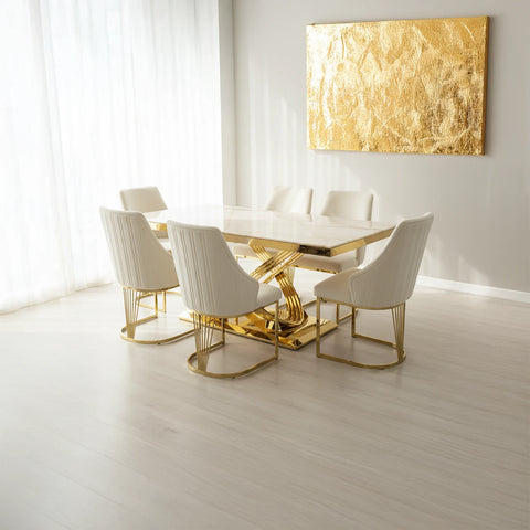 Madrid Cream Marble and Gold Dining Table with Ottavia Cream Velvet Dining Chairs - Pendle Village Furniture