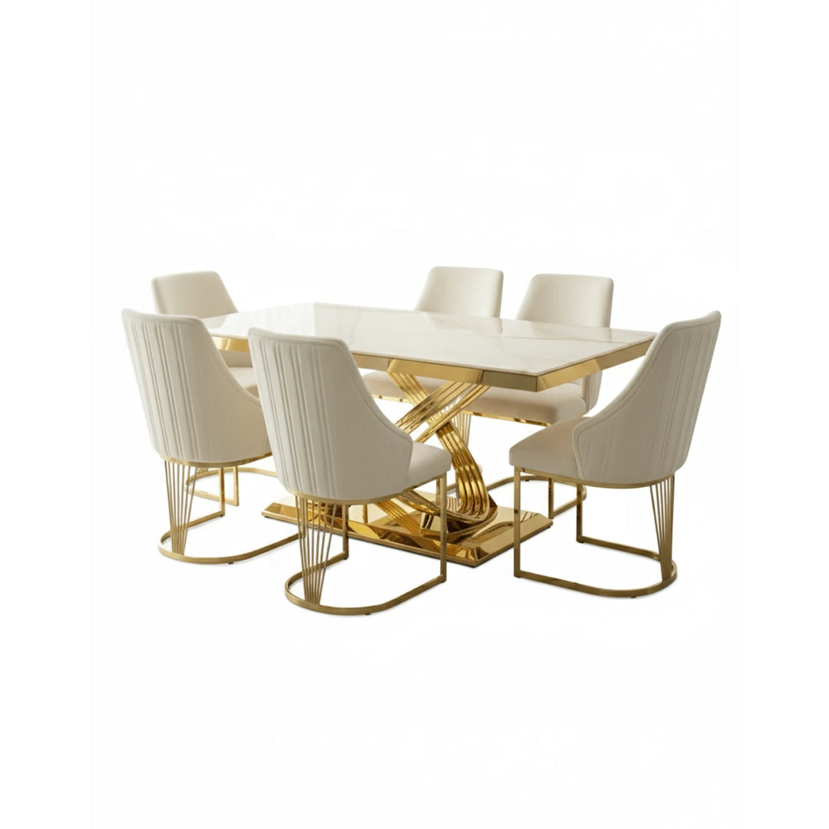 Madrid Cream Marble and Gold Dining Table with Ottavia Cream Velvet Dining Chairs - Pendle Village Furniture