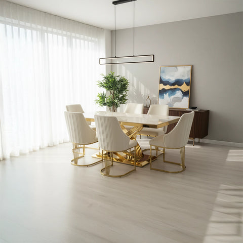 Madrid Cream Marble and Gold Dining Table with Ottavia Cream Velvet Dining Chairs - Pendle Village Furniture
