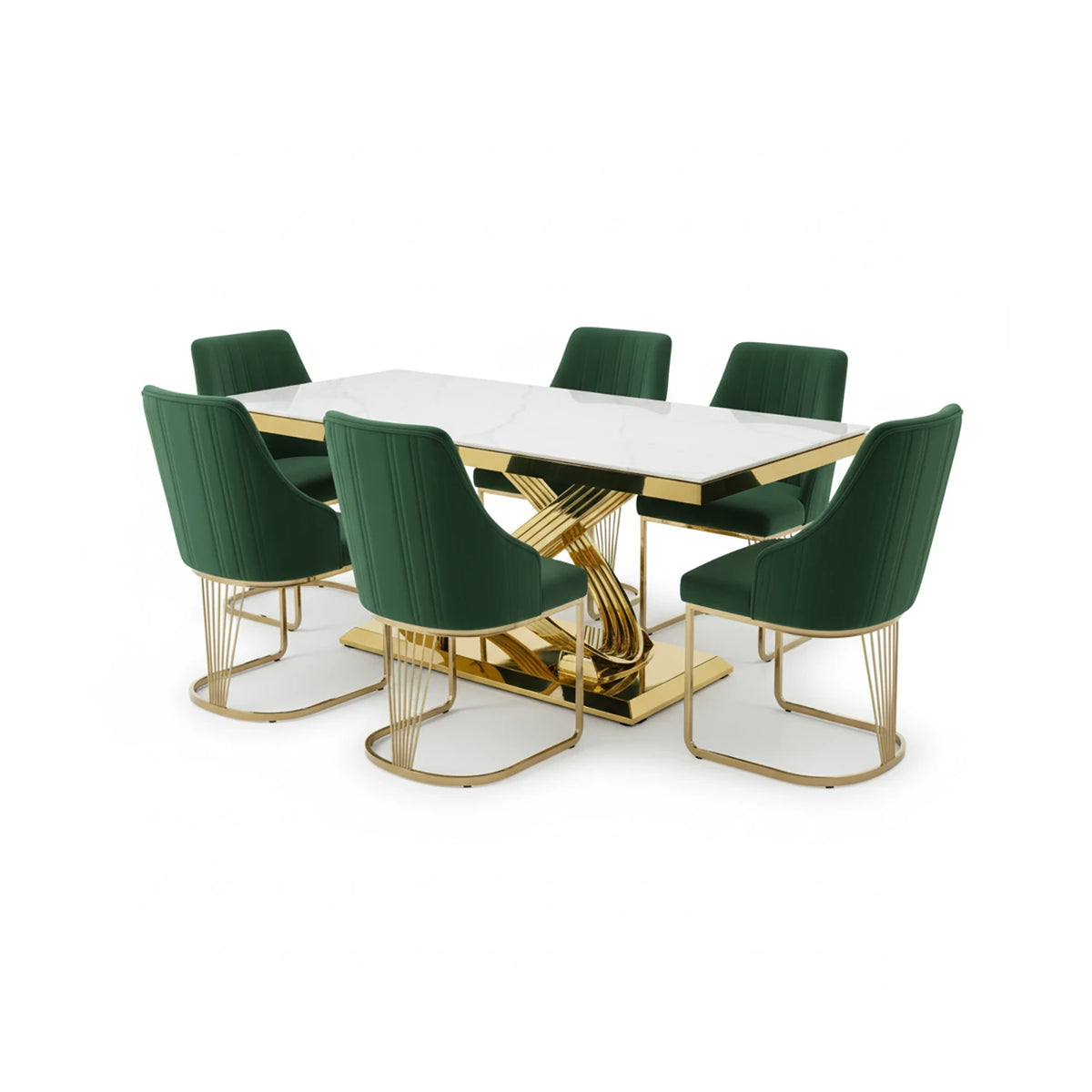 Madrid Cream Marble and Gold Dining Table with Ottavia Green Velvet Dining Chairs - Pendle Village Furniture