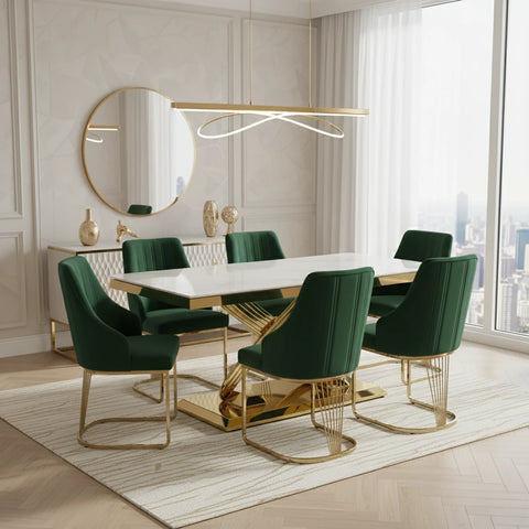 Madrid Cream Marble and Gold Dining Table with Ottavia Green Velvet Dining Chairs - Pendle Village Furniture
