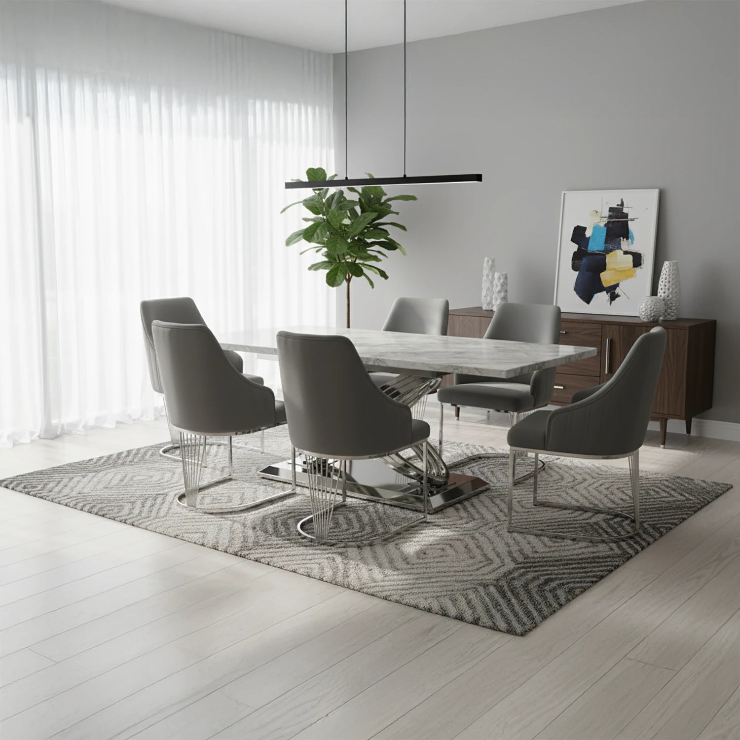 Madrid Grey Marble Dining Table with Ottavia Grey Velvet Chairs - Pendle Village Furniture