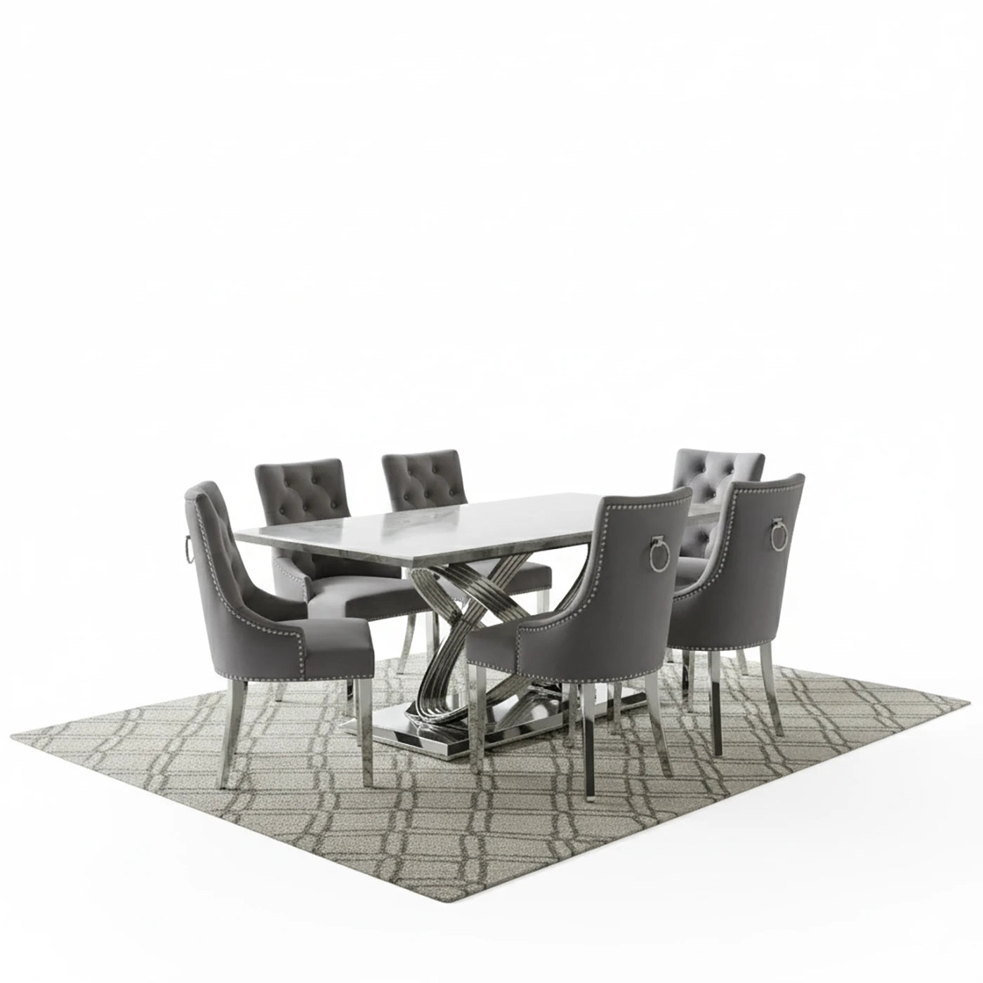 Madrid Grey Marble Dining Table with Chelsea Grey Velvet Dining Chairs - Pendle Village Furniture