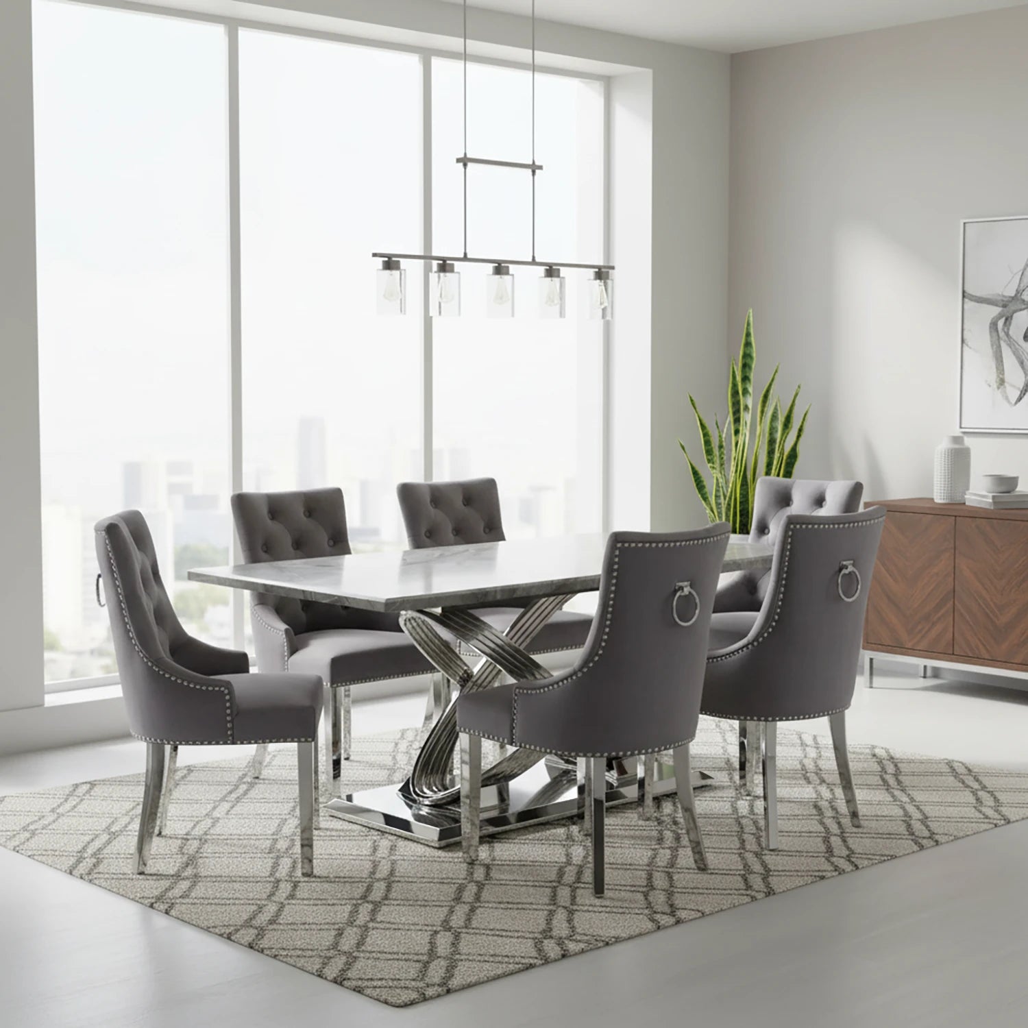 Madrid Grey Marble Dining Table with Chelsea Grey Velvet Dining Chairs - Pendle Village Furniture