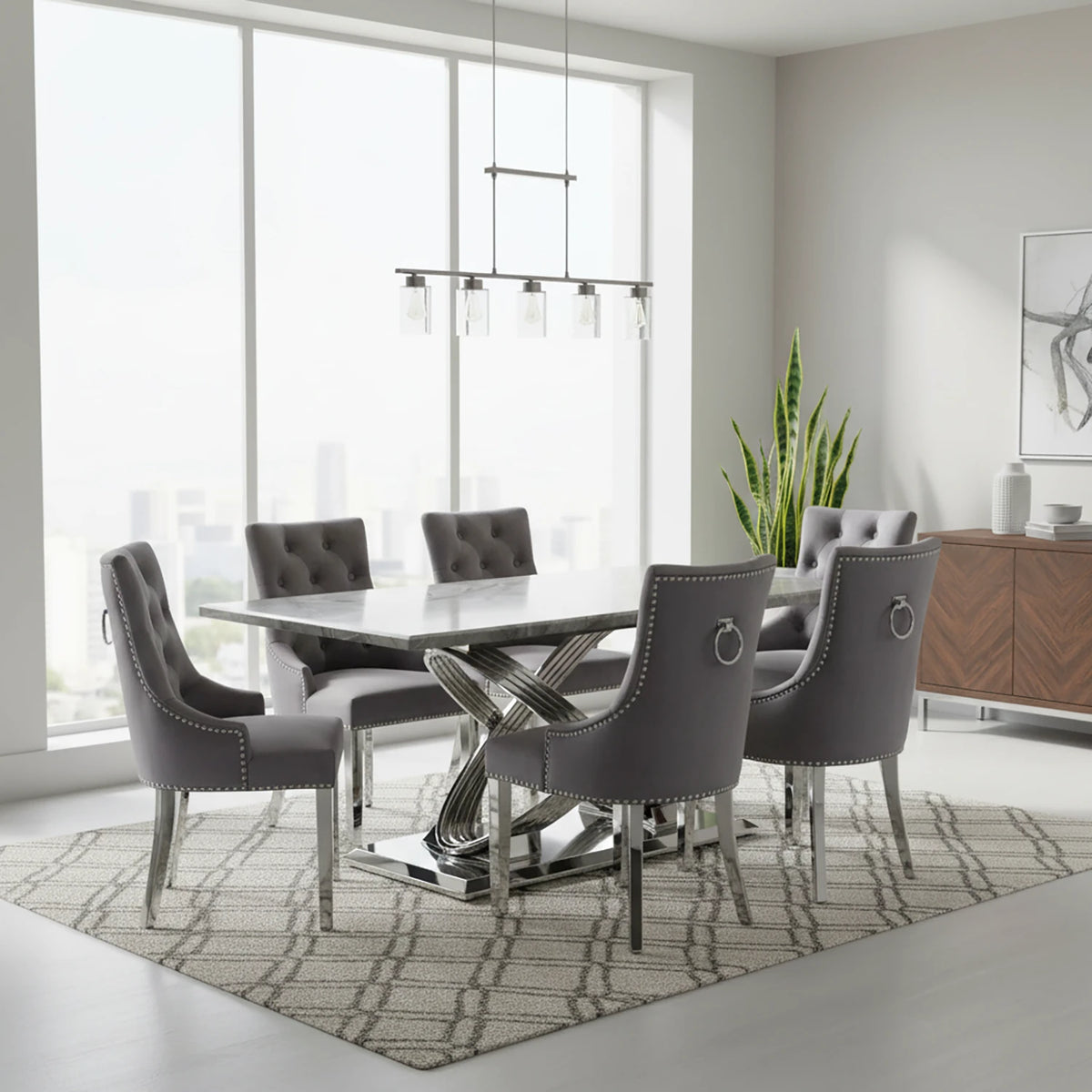 Madrid Grey Marble Dining Table with Chelsea Grey Velvet Dining Chairs - Pendle Village Furniture