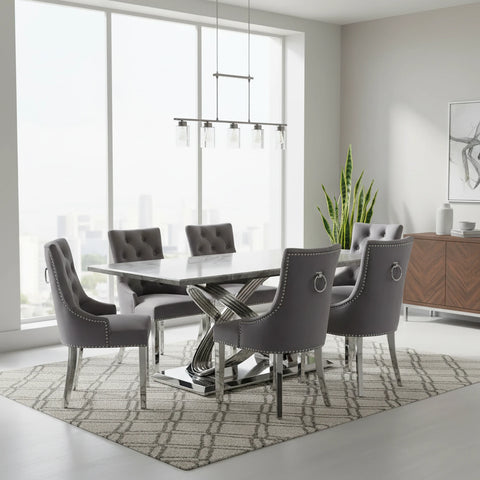 Madrid Grey Marble Dining Table with Chelsea Grey Velvet Dining Chairs - Pendle Village Furniture