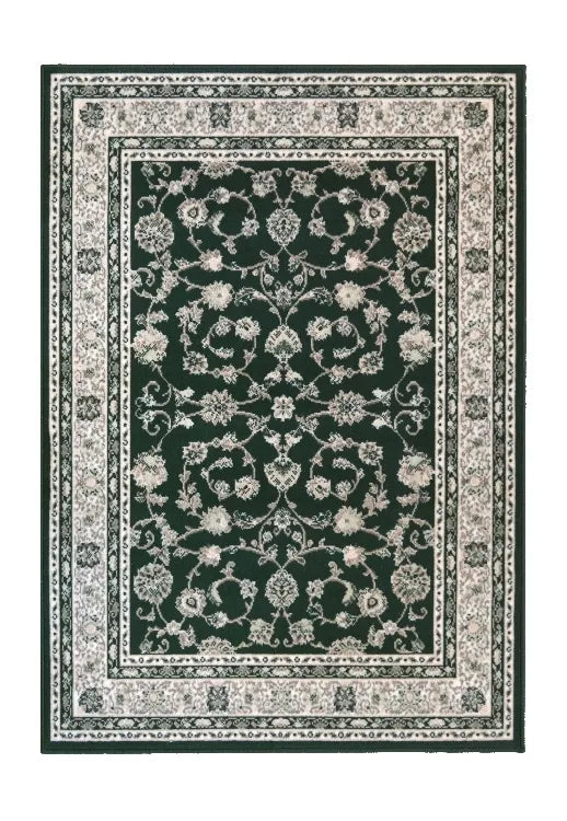 Green rug with elegant decorative detailing.