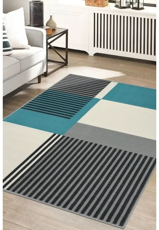 Contemporary rug with linear barcode pattern in teal tones.