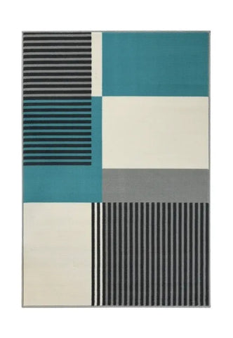 Teal rug with modern barcode inspired striped design.