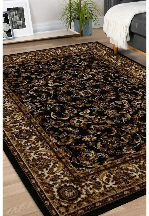 Decorative black rug with classic patterned design.