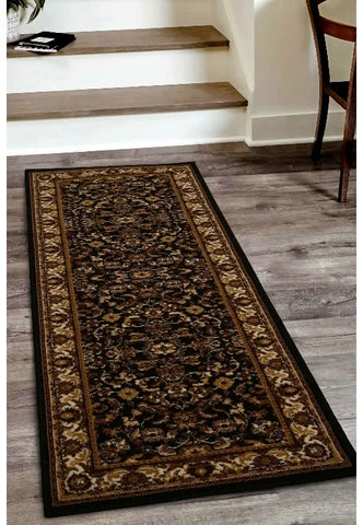Black runner rug with traditional Beluchi pattern design.