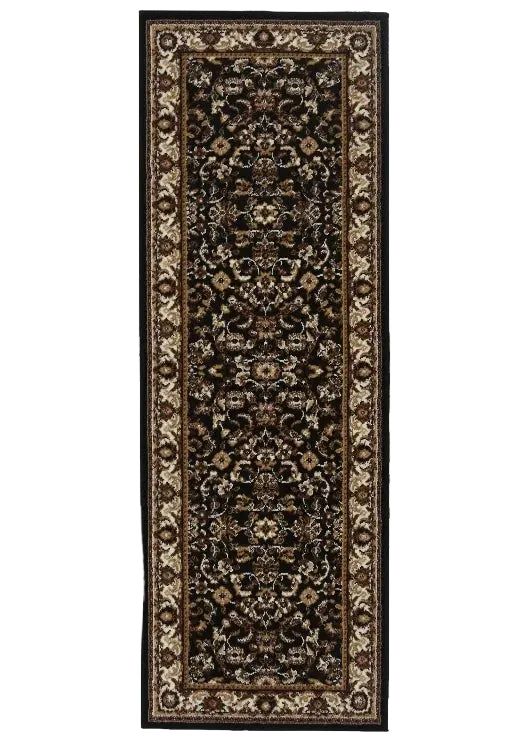 Hallway runner with intricate vintage detailing in black tones.