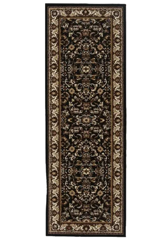 Hallway runner with intricate vintage detailing in black tones.
