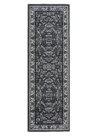 Classic runner with detailed pattern in rich grey tones.