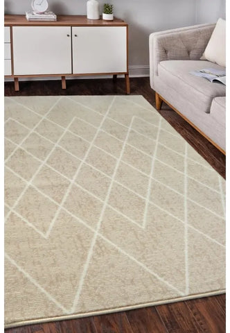 Beige Berber rug with modern design and durable polypropylene fabric.