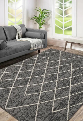 Grey rug with Berber inspired geometric pattern design.