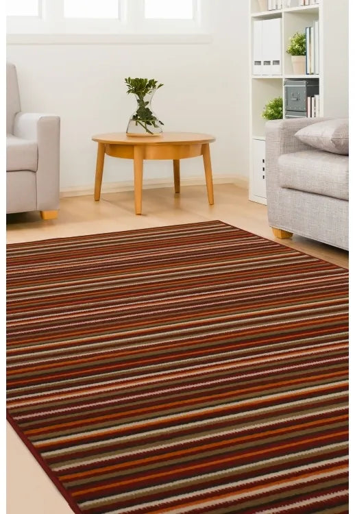 Red rug with subtle fine stripe pattern design.