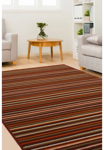 Red rug with subtle fine stripe pattern design.