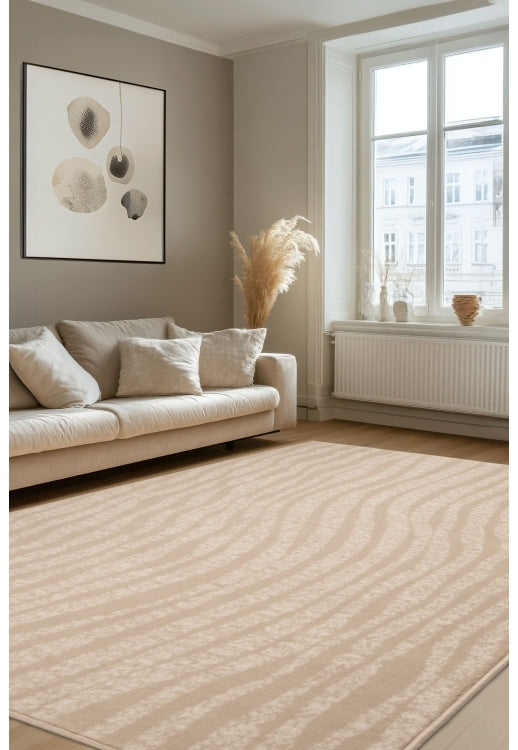 Stylish rug with fluid wave pattern for modern interiors.