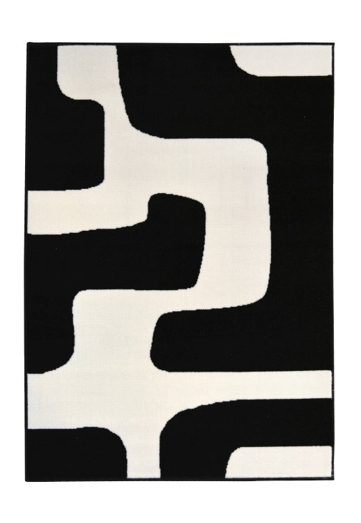 Stylish black rug with clean line geometric pattern.