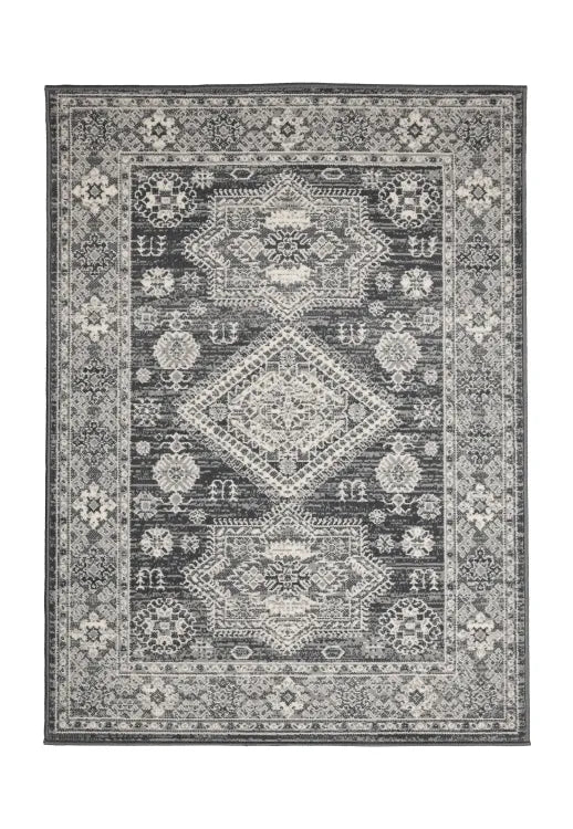 Traditional rug with elegant medallion design in grey tones.
