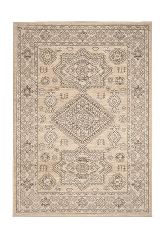 Neutral rug with traditional medallion design in soft tones.