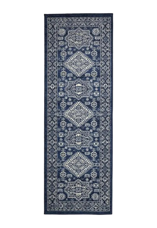 Traditional runner with elegant medallion detailing in deep navy tones.