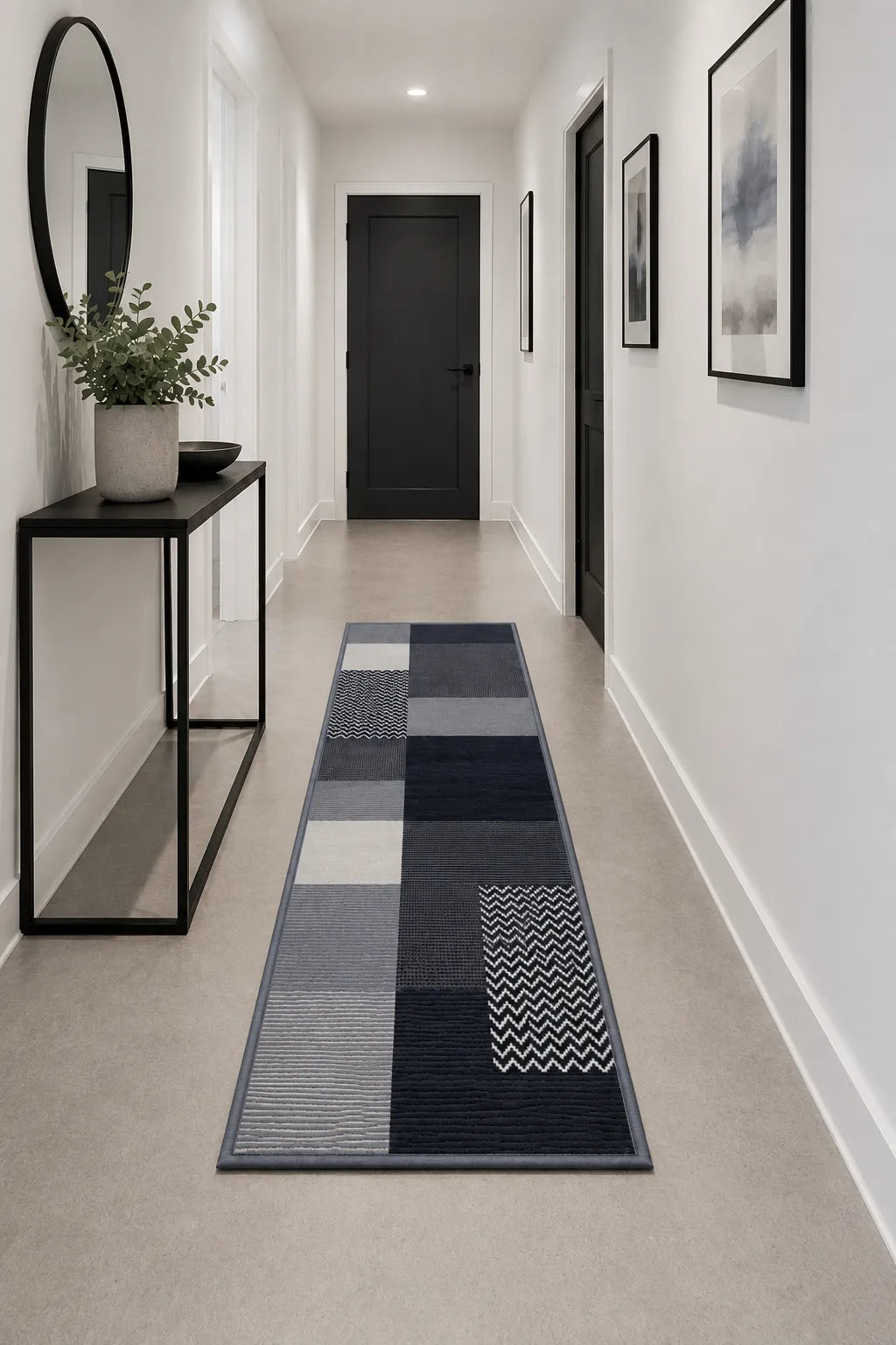 Grey runner rug with modern clean design.