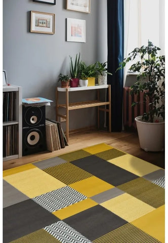 Ochre rug with rich colour and modern design.