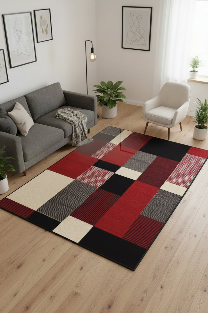 Red rug with rich colour and modern design.