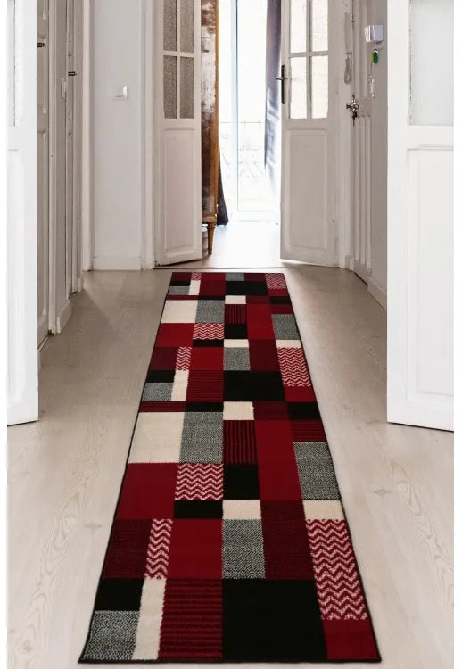 Red runner rug with bold colour and modern design.