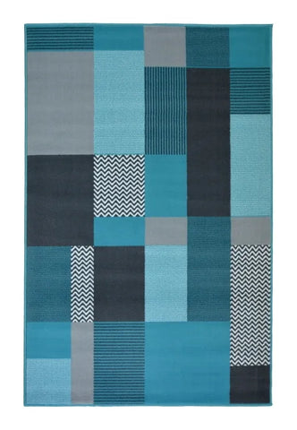 Vibrant teal rug with long lasting and easy clean material.