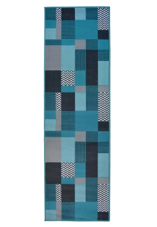 Contemporary runner rug in vibrant teal tones.