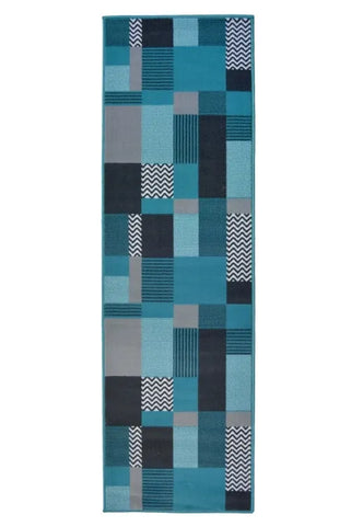 Contemporary runner rug in vibrant teal tones.