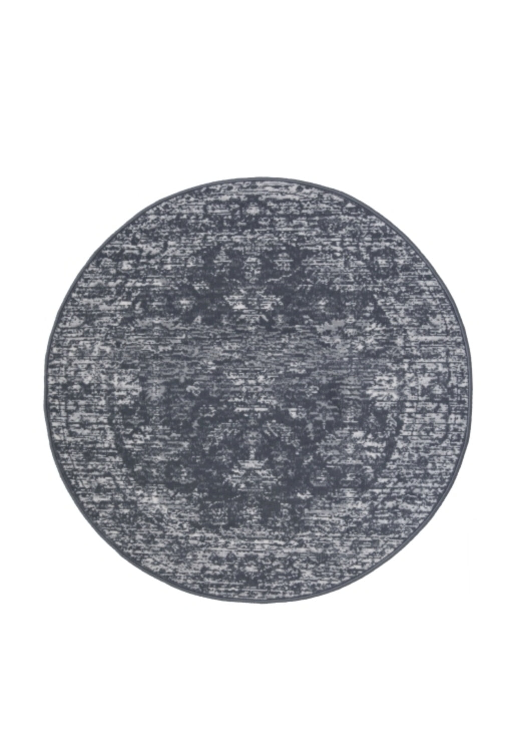 Circular rug with soft pile and classic charcoal design.