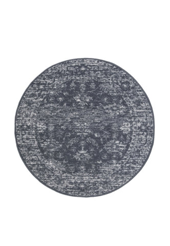 Circular rug with soft pile and classic charcoal design.