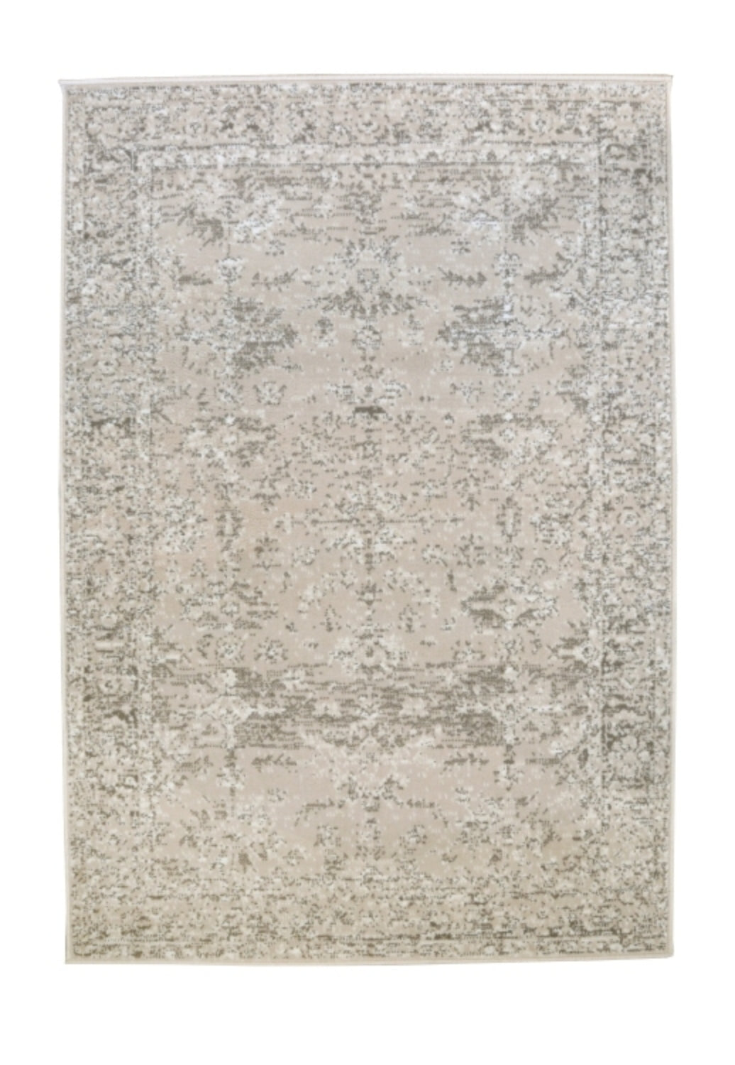 Neutral rug with low profile pile and durable material.
