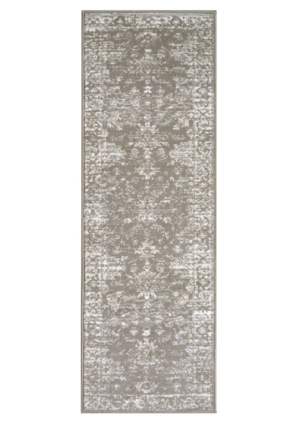 Hallway runner with classic design in neutral tones.