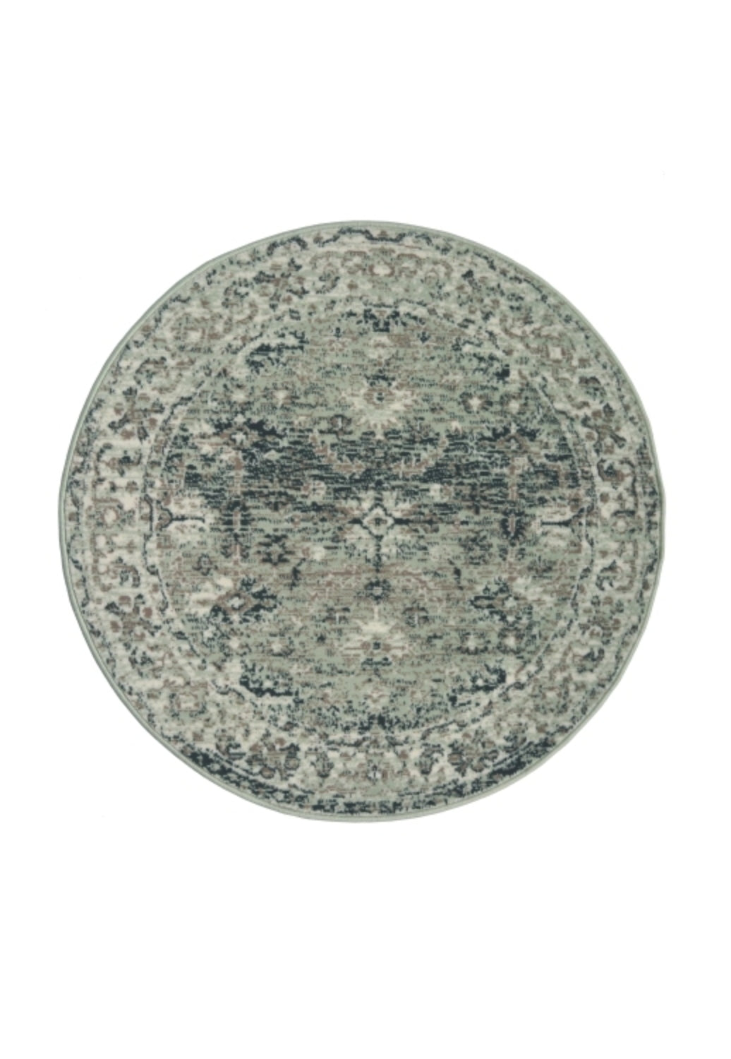 Circular rug with classic design in soft green tones.
