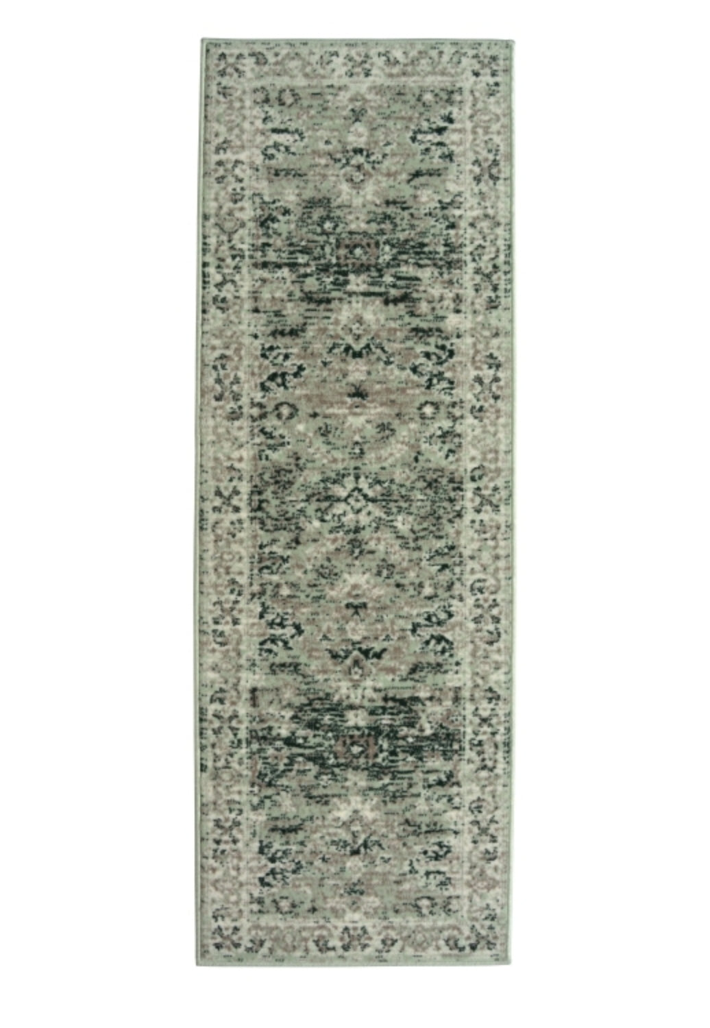 Hallway runner with classic design in soft green tones.