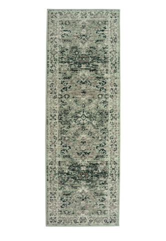 Hallway runner with classic design in soft green tones.