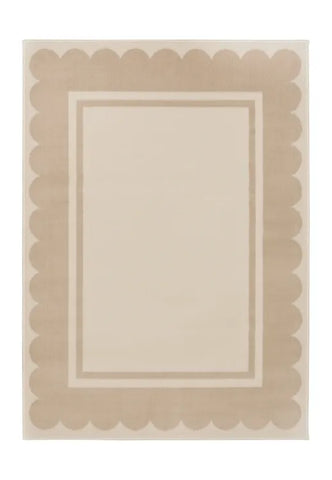 Minimalist rug with soft scallop border and clean design.