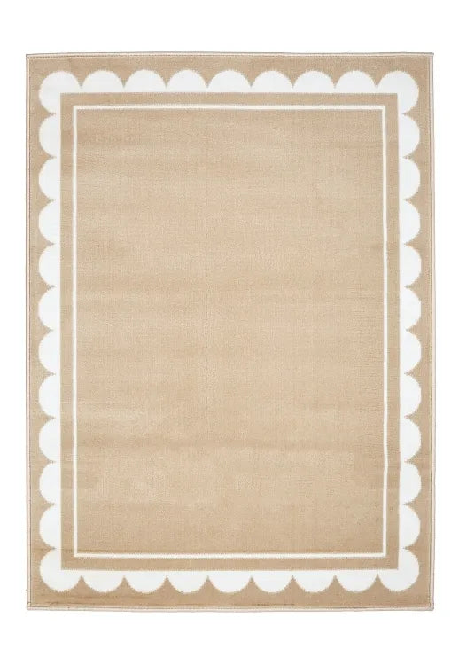 Modern rug with soft natural tones and textured pattern.