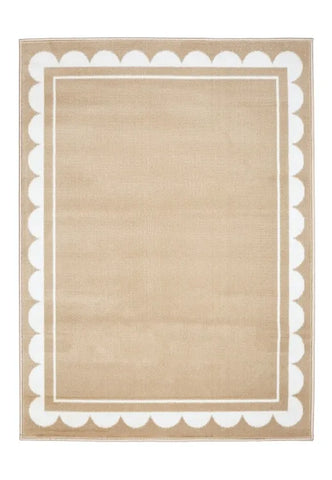 Modern rug with soft natural tones and textured pattern.