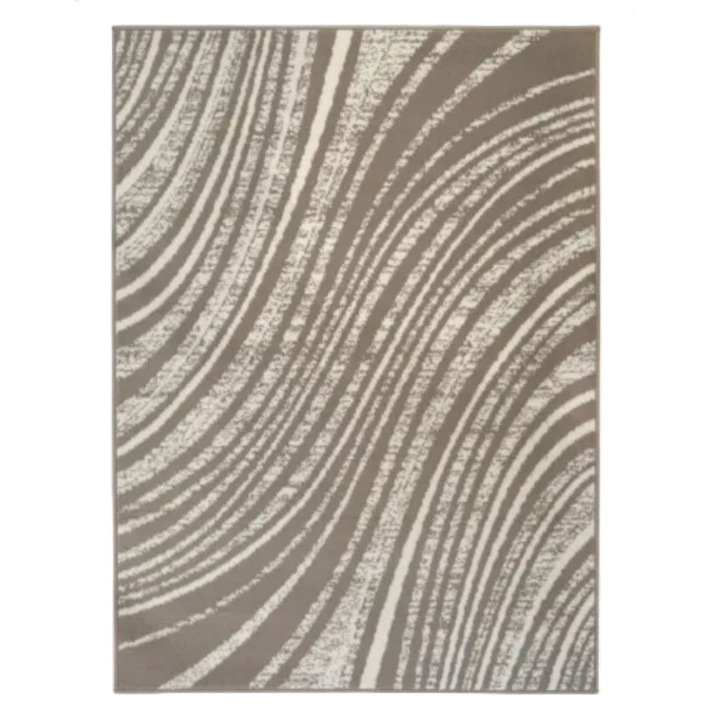 Abstract swirl rug in soft neutral tones.