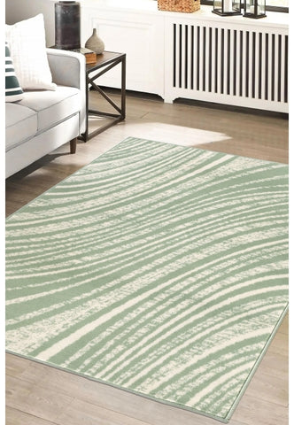 Sage green rug with modern swirl pattern design.