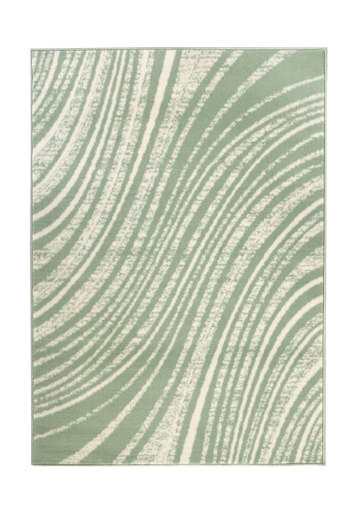 Abstract swirl rug in soft sage green tones.